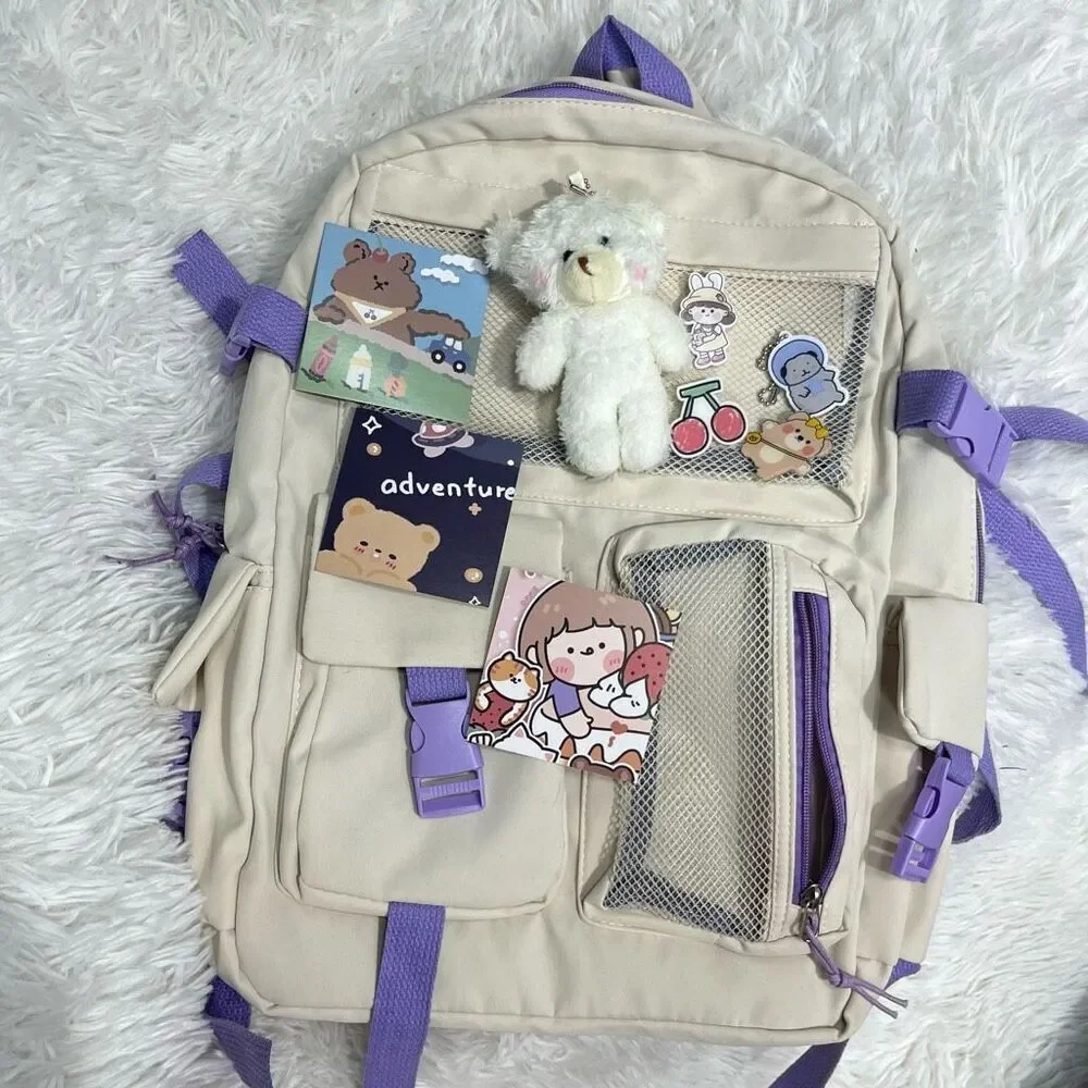 New Cute Kawaii Backpack Pin Accessories Plush Keychain Ivory Purple Kids